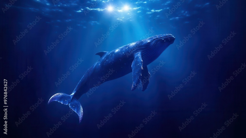 Obraz premium A majestic whale swims gracefully in deep blue ocean waters, illuminated by soft rays of sunlight filtering through the surface.