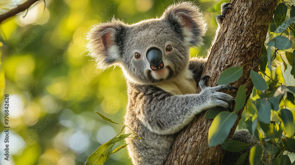 Fototapeta premium A cute koala clinging to a tree branch, surrounded by eucalyptus leaves