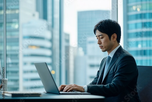 Focused businessman working on laptop in modern office with city view. Professional environment, corporate lifestyle.