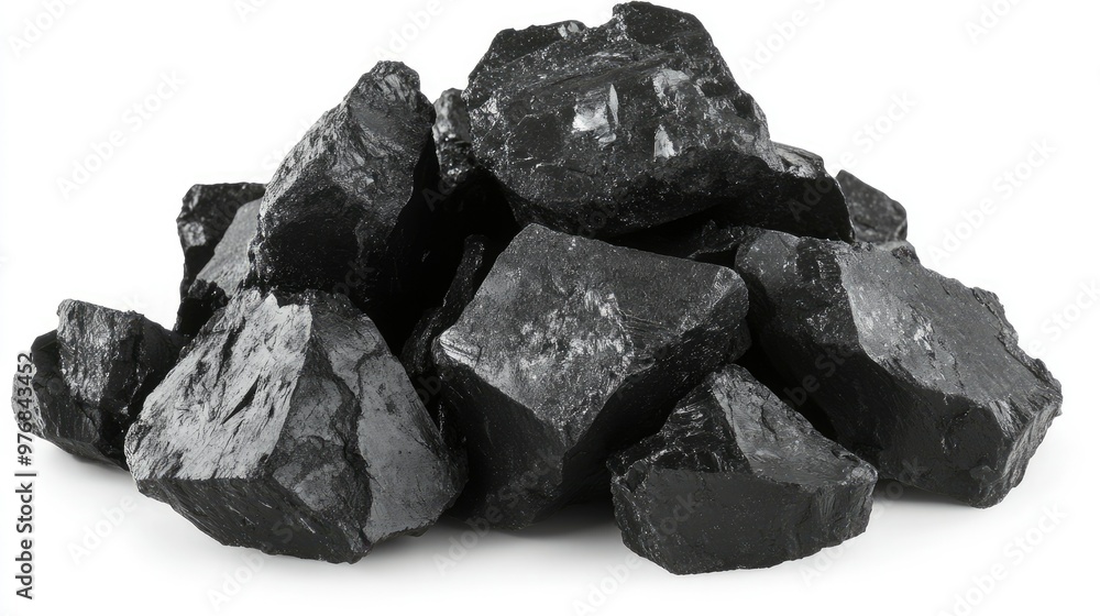 A pile of black coal pieces on a white background with plenty of space for energy industry messages A pile of black coal pieces on a white background with plenty of space for energy industry messages