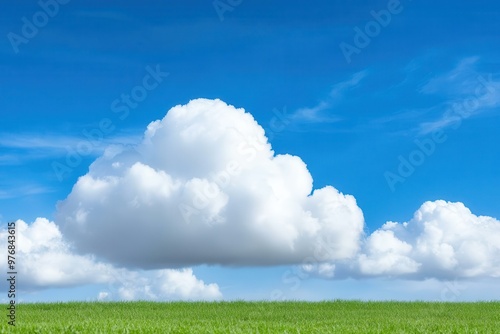 A vibrant sky filled with fluffy white clouds above a lush green landscape, creating a serene and peaceful atmosphere.