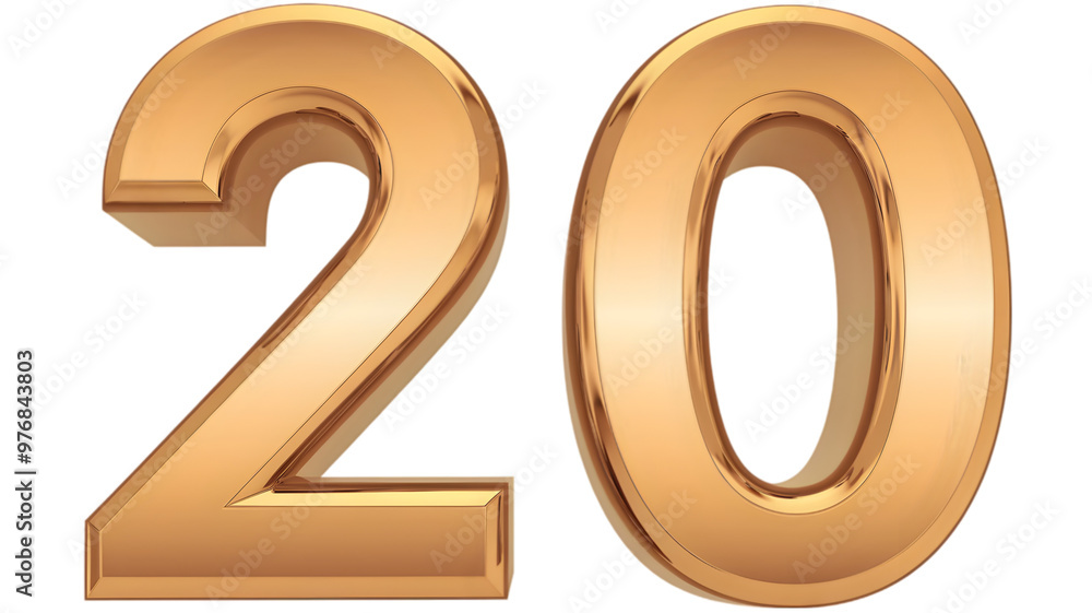 A 3D transparent representation of the number '20' in a shiny gold color A 3D transparent representation of the number '20' in a shiny gold color
