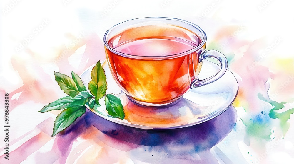 A vibrant watercolor illustration of a cup of tea, showcasing warmth and tranquility with a touch of green leaves. A vibrant watercolor illustration of a cup of tea, showcasing warmth and tranquility with a touch of green leaves.
