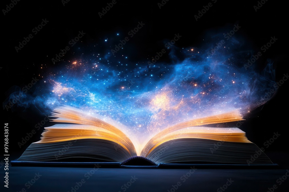 An open book releases a cosmic light, blending knowledge and imagination with a stunning galaxy effect in the background. An open book releases a cosmic light, blending knowledge and imagination with a stunning galaxy effect in the background.