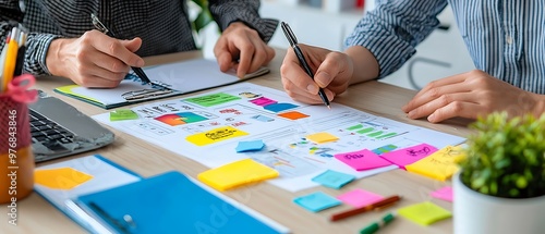 Collaboration in the office with colleagues reviewing colorful sticky notes and documents on a table, enhancing creativity and planning.