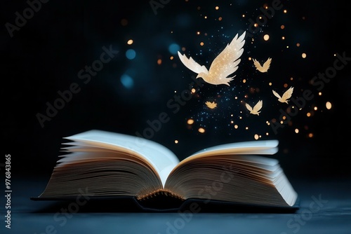 An enchanting scene of an open book with mystical birds and sparkles, symbolizing imagination and creativity in dark surroundings.