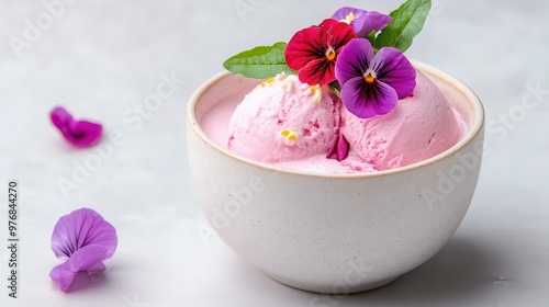 Delicious pink ice cream served in a ceramic bowl, adorned with vibrant edible flowers and fresh mint leaves.