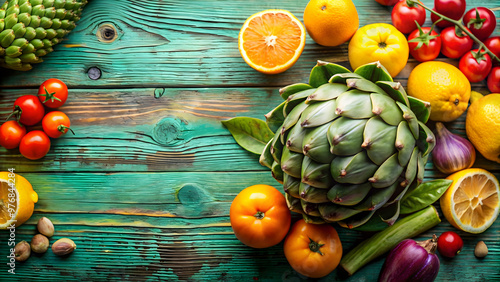 Healthy artichoke background with ripe fruits, concept of vegetables and healthy food, artichoke, background, ripe fruits