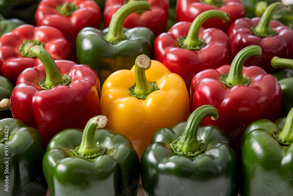 An isolated image of red, yellow, and green bell peppers on a white background An isolated image of red, yellow, and green bell peppers on a white background