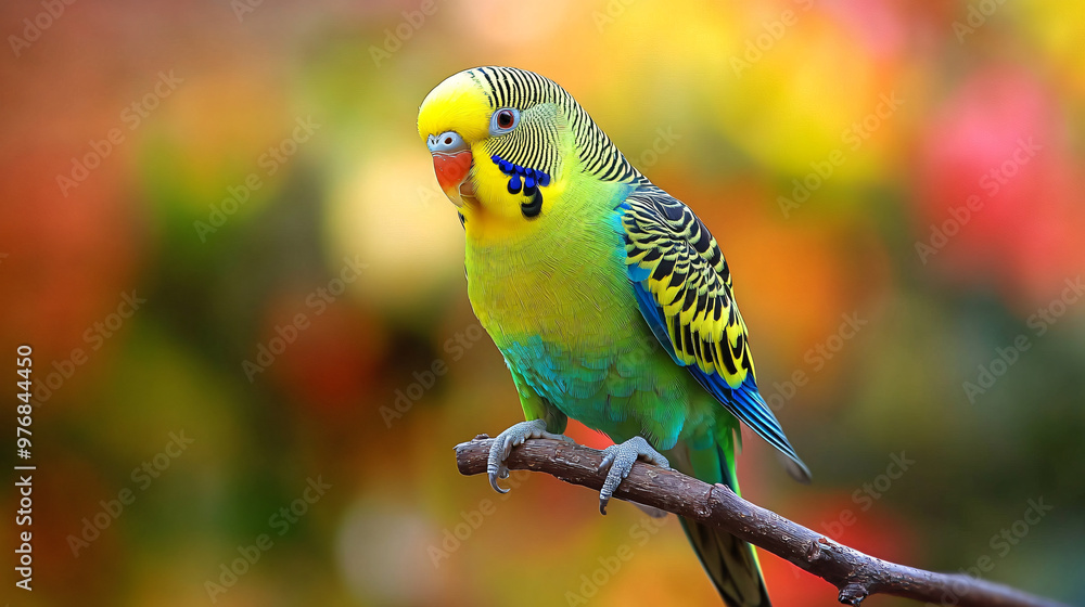 Fototapeta premium A parakeet perched on a branch with a colorful background.