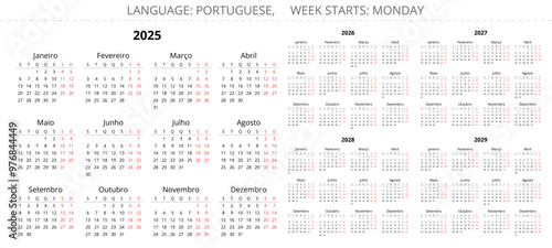 PORTUGUESE calendar 2025, 2026, 2027, 2028, 2029 years. Printable vector illustration for Portugal