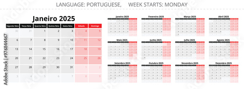 Set of PORTUGUESE monthly calendar for 2025 year. Vector collection with stylish design illustration for Portugal