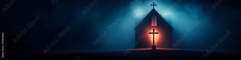 Naklejka premium Religious background. A Churche with cross and light coming from behind. Christianity concept