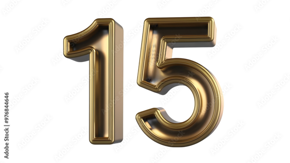 A 3D transparent representation of the number '15' in a shiny gold color A 3D transparent representation of the number '15' in a shiny gold color