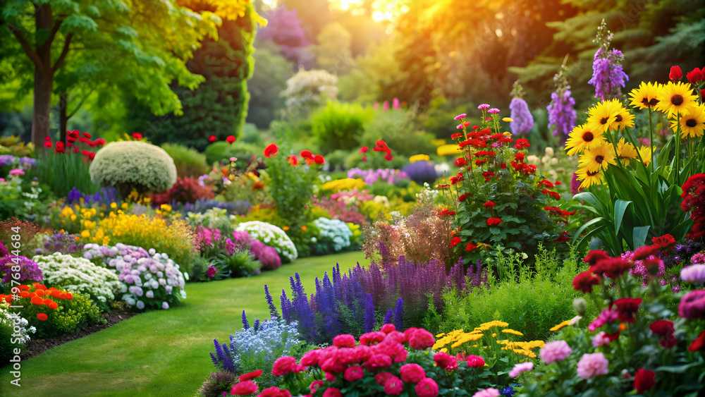 Lush garden with colorful flowers representing growth and renewal, beautiful, garden, flowers, variety, colorful, growth Lush garden with colorful flowers representing growth and renewal, beautiful, garden, flowers, variety, colorful, growth