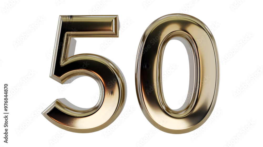 A 3D transparent representation of the number '50' in a shiny gold color A 3D transparent representation of the number '50' in a shiny gold color