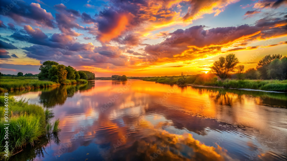 Vibrant sunset casting warm hues over a tranquil river , sunset, river, nature, reflection, dusk, evening, peaceful, calm, serene Vibrant sunset casting warm hues over a tranquil river , sunset, river, nature, reflection, dusk, evening, peaceful, calm, serene