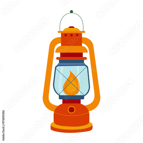 A lantern with a flame is lit. The flame is yellow and orange. The lantern is orange and has a blue glass