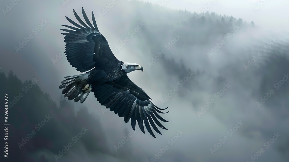 Fototapeta premium A robotic eagle soaring over a foggy sky