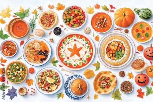 Autumn Harvest Feast: A vibrant and colorful spread of pumpkin-inspired dishes, showcasing the bounty of the season. 