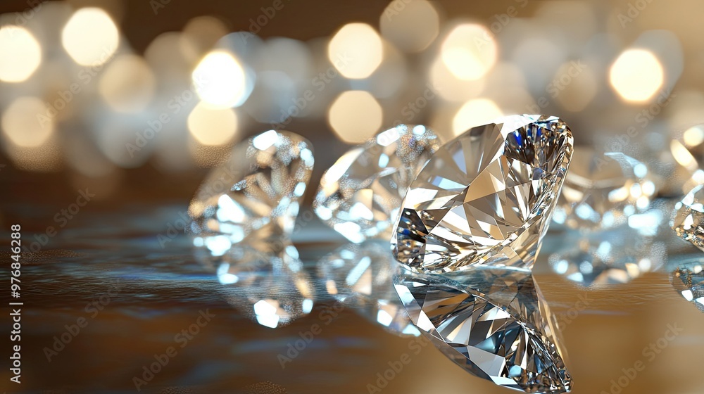 Close-up of sparkling diamonds on a reflective surface with ample copy space for branding or luxury ads. Close-up of sparkling diamonds on a reflective surface with ample copy space for branding or luxury ads.