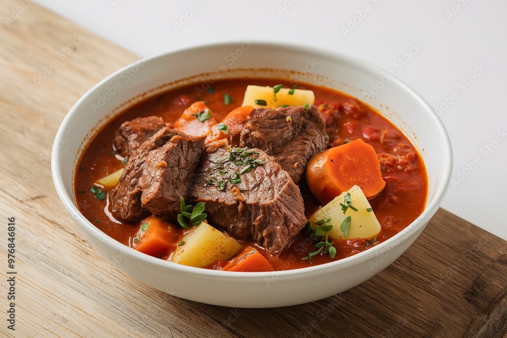 A photo of a bowl of hearty beef stew with chunks of meat, potatoes, and carrots A photo of a bowl of hearty beef stew with chunks of meat, potatoes, and carrots