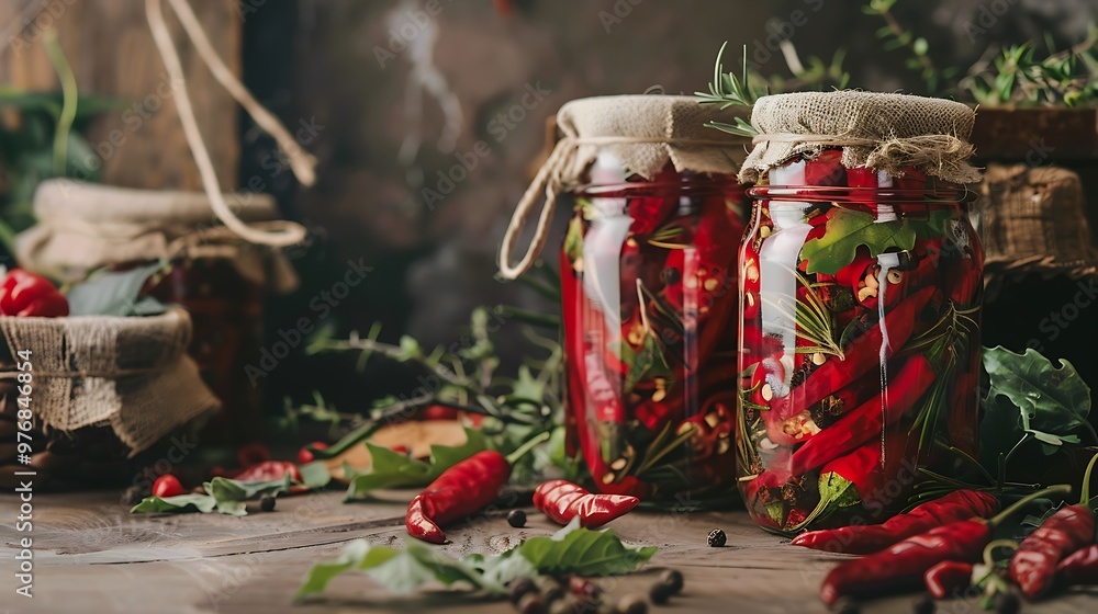 On a rustic table two jars of chili peppers with foliage surround them On a rustic table two jars of chili peppers with foliage surround them