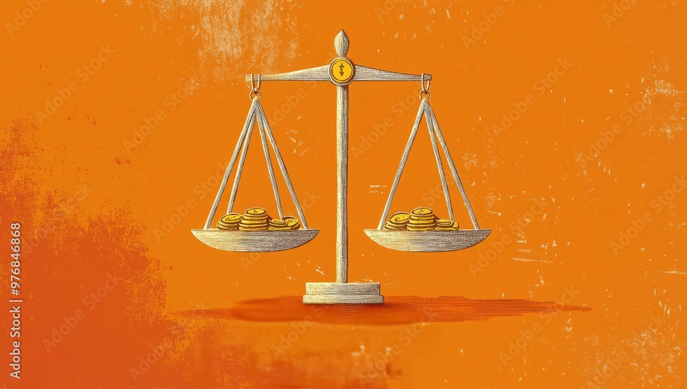 A balance scale with coins symbolizes economic stability and equilibrium.