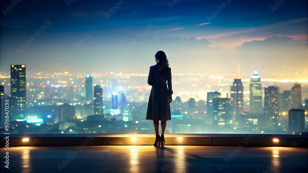 Silhouette of a woman standing on a rooftop gazing at the illuminated cityscape below , Woman, silhouette, night Silhouette of a woman standing on a rooftop gazing at the illuminated cityscape below , Woman, silhouette, night