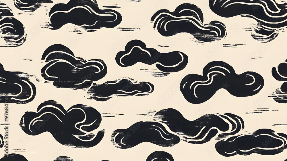 Curvy black line seamless pattern with swirling feathers, perfect for geometric wallpaper or textile design Curvy black line seamless pattern with swirling feathers, perfect for geometric wallpaper or textile design