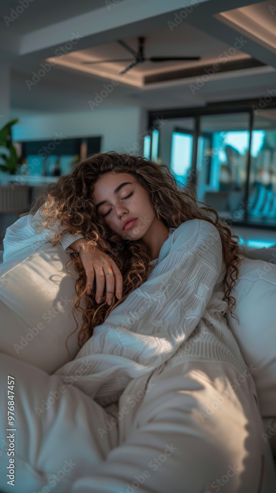 A person with curly hair resting comfortably on a couch in a modern living room during the afternoon light A person with curly hair resting comfortably on a couch in a modern living room during the afternoon light