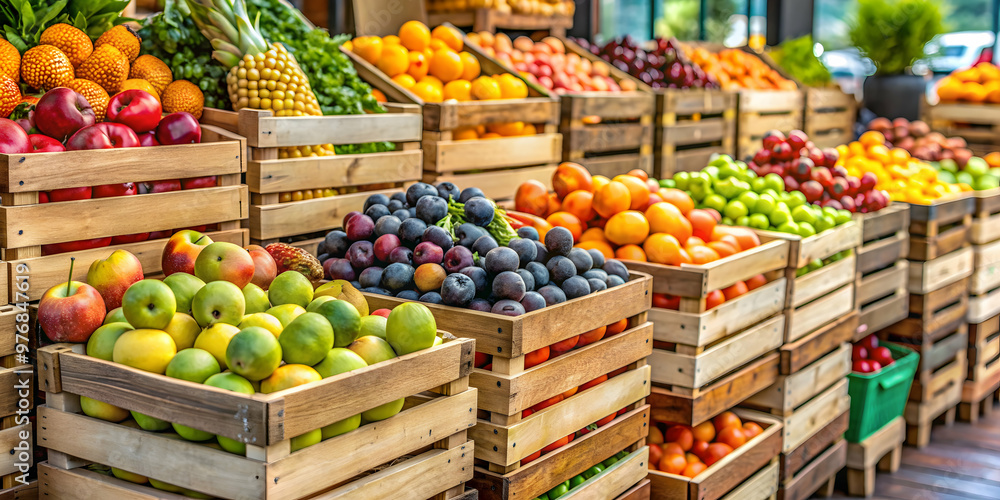 Fresh fruits displayed on wooden crates at a local market , healthy, organic, vibrant, colorful, produce, market, agriculture Fresh fruits displayed on wooden crates at a local market , healthy, organic, vibrant, colorful, produce, market, agriculture