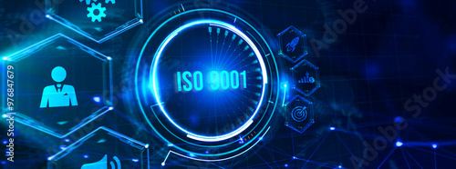 Business, technology, internet and network concept. Virtual screen of the future with the inscription: ISO 9001. 3d illustration