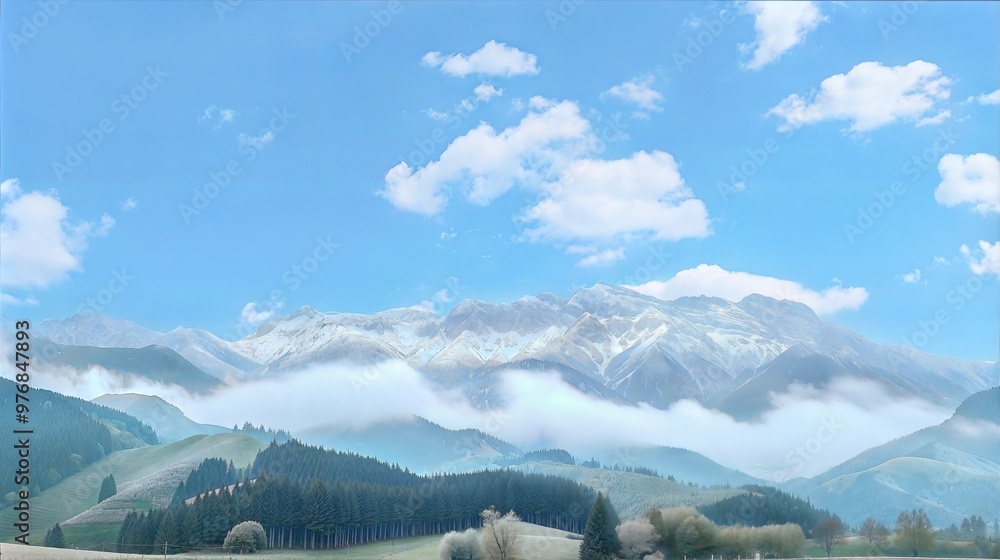 Fototapeta premium Snow-Capped Mountain Range with Trees and Clouds Under Blue Sky