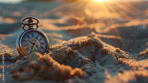 On a sandy background an orange sunrise alarm with a modern pocket watch photo