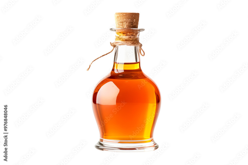 Glass bottle filled with vinegar, featuring a wooden cork and rope isolated on white transparent background. Concept of packaging Glass bottle filled with vinegar, featuring a wooden cork and rope isolated on white transparent background. Concept of packaging