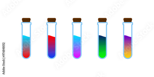 Set of glass bottles. Different color potion flat style on white background. Vector illustration. Design elements for game collection.