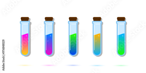 Set of glass bottles. Different color potion flat style on white background. Vector illustration. Design elements for game collection.