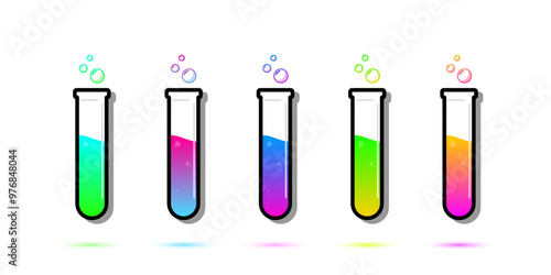 Set of glass bottles. Different color potion flat style on white background. Vector illustration. Design elements for game collection.