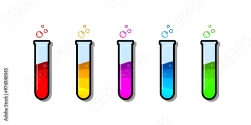 Set of glass bottles. Different color potion flat style on white background. Vector illustration. Design elements for game collection.