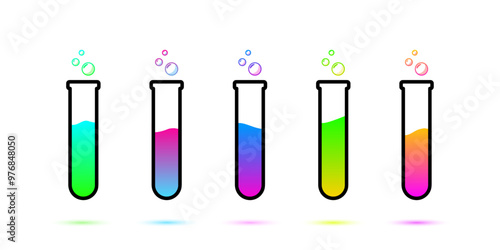 Set of glass bottles. Different color potion flat style on white background. Vector illustration. Design elements for game collection.