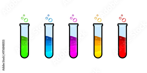 Set of glass bottles. Different color potion flat style on white background. Vector illustration. Design elements for game collection.