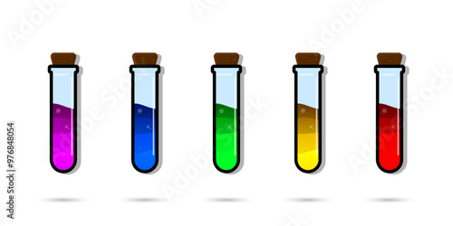Set of glass bottles. Different color potion flat style on white background. Vector illustration. Design elements for game collection.