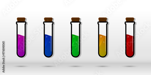 Set of glass bottles. Different color potion flat style on white background. Vector illustration. Design elements for game collection.