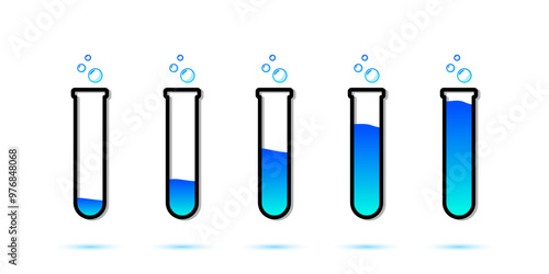 Set of glass bottles. Different color potion flat style on white background. Vector illustration. Design elements for game collection.