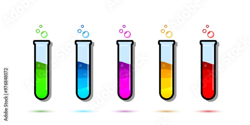 Set of glass bottles. Different color potion flat style on white background. Vector illustration. Design elements for game collection.