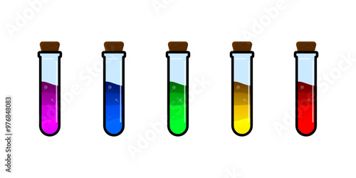 Set of glass bottles. Different color potion flat style on white background. Vector illustration. Design elements for game collection.