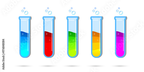 Set of glass bottles. Different color potion flat style on white background. Vector illustration. Design elements for game collection.