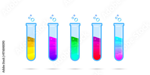 Set of glass bottles. Different color potion flat style on white background. Vector illustration. Design elements for game collection.