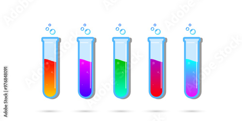 Set of glass bottles. Different color potion flat style on white background. Vector illustration. Design elements for game collection.